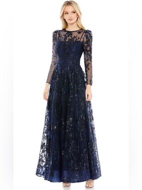 Mac Duggal Navy Embroidered Illusion Long Sleeve Gown